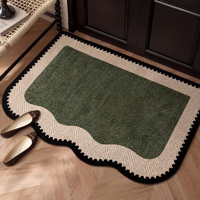 Breling Green Entryway Rug 2 x 3 ft Large Scalloped Welcome Mat Non Slip Washable Doormat Front Door Throw Rug for Farmhouse Indoor Kitchen Laundry Porch Bathroom Decor