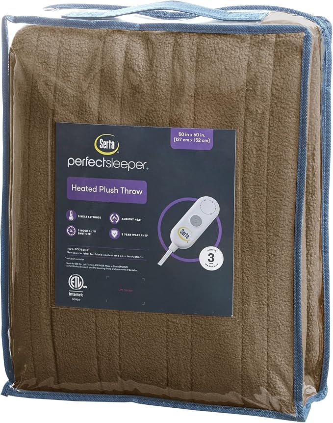 Serta Heated Electric Throw - Reversible Fleece Heating Blanket,Stone Brown | Dual-Layer Heated Throw Blanket With 5 Heat Settings & Auto Shut Off, Machine Washable, ETL Certified