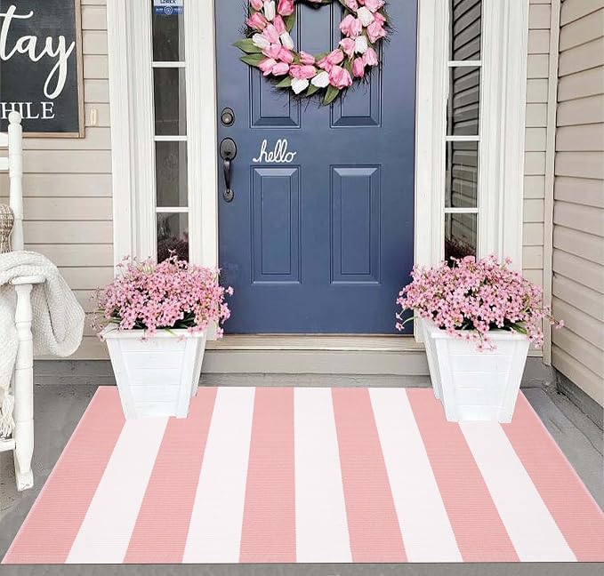 Striped Area Rug 27.5"x43",Pink White Farmhouse Front Porch Rug Cotton Woven Washable Entryway Rug Indoor Outdoor Front Door Mat for Porch/Entryway/Home Entrance Decor