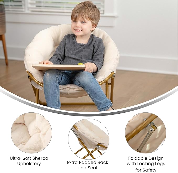 Flash Furniture Kids 23 Inch Folding Saucer Chair, Ivory Faux Shearling | Soft Gold Frame, Portable