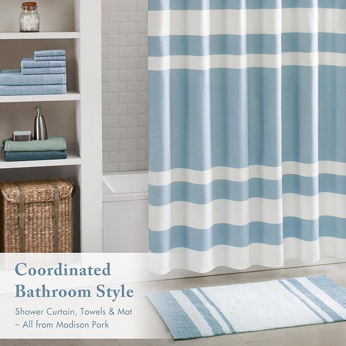 Madison Park Reversible Spa Rug 100%-Cotton Striped Ultra Soft Water Fast Bath Non-Slip Absorbent Quick Dry Mats for Tub, Shower Room, and Bathroom, 27"x45", Blue (MP72-6211) | Quick Dry, Ultra Soft, Pile, Machine Washable, Plush, OEKO-TEX Certified