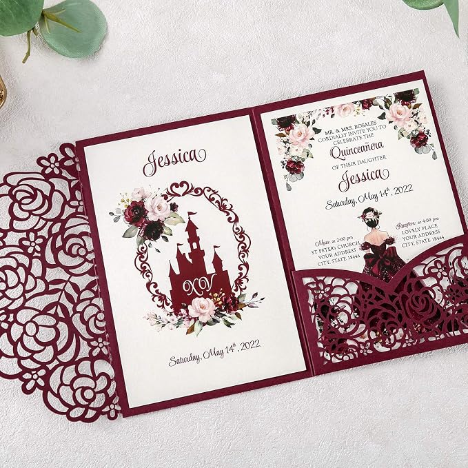 Burgundy 4.7x7 inch 50PCS Blank Quinceanera Invitations Kit