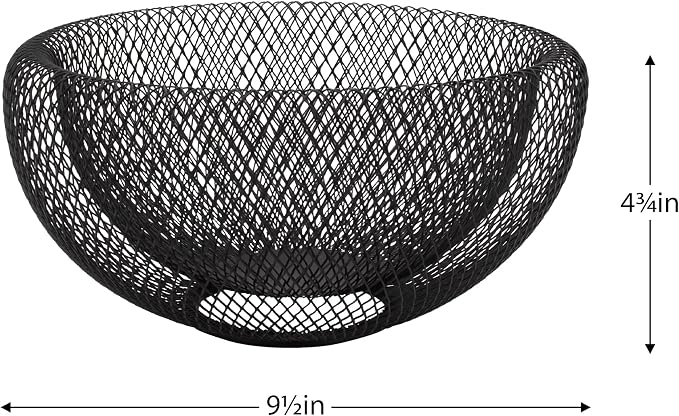 Torre & Tagus 9 Inch Black Double Wall Wire Mesh Metal Decorative Bowl, Modern Fruit Bowl Basket for Kitchen Island, Dining Room Table, Entryway Console, Great Room Accent Table, Home Office Decor