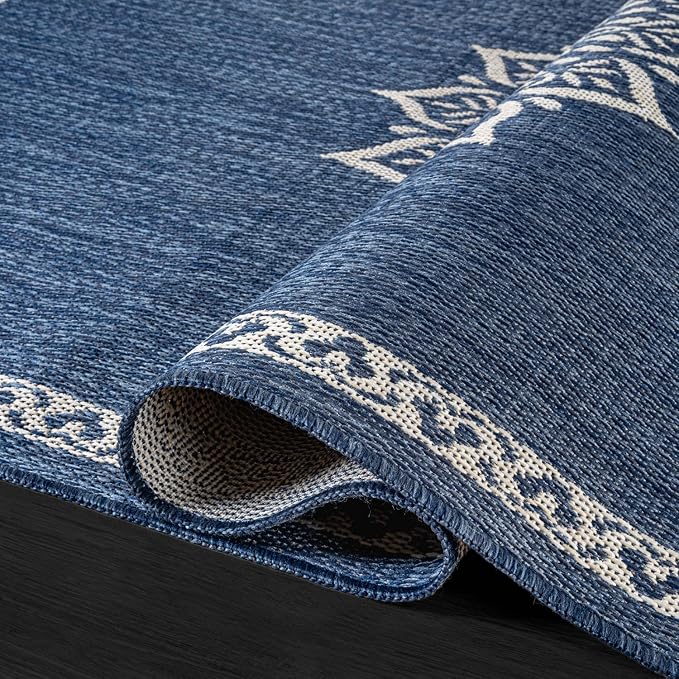 CAMILSON Outdoor Rug 10x14 Medallion Blue Modern Large Area Rugs for Indoor and Outdoor Patios Kitchen and Hallway Mats Washable Porch Deck Outside Carpet (Medallion Blue 10 x 14)
