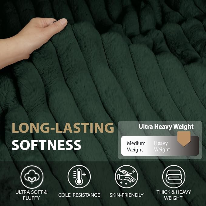 DEZ FURNISHINGS Luxury Reversible Textured Stripe Faux Fur & Velvet Throw Blanket, Throw XL (50" x 70"), Deep Forest Green