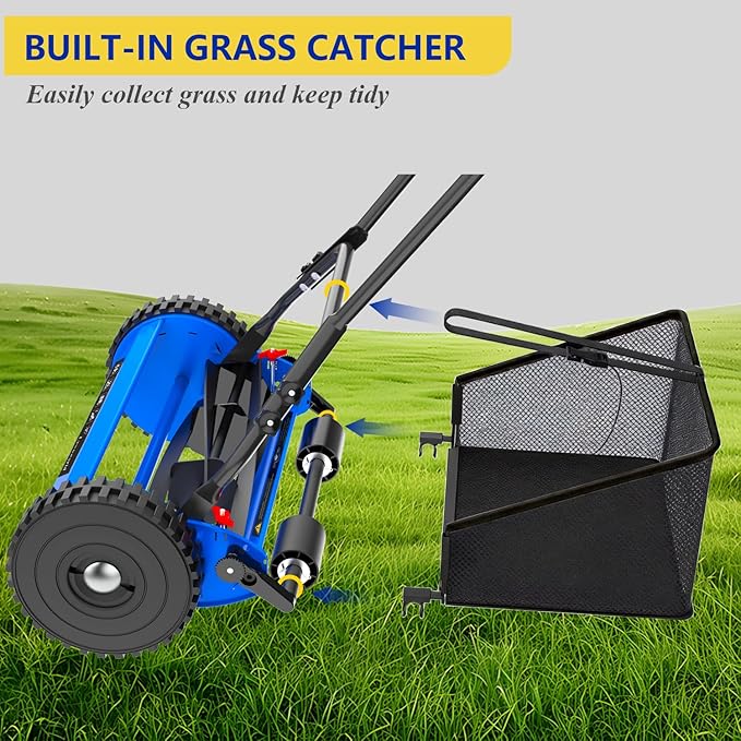 16-Inch Reel Lawn Mower with Grass Catcher and Tool-Free Blade Adjustment, 5-Blade Manual Push Lawn Mower, 5-Position Height Adjustable