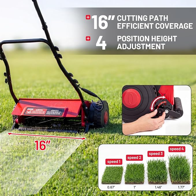 Walensee 16" Cordless Electric Reel Lawn Mower - Battery Powered Push Mower | Dual 36Wh Batteries, 380W Motor, Precision 5-Blade Cut, Quiet Operation， for Small to Medium Yards