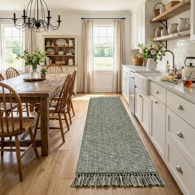 Collive Sage Green Kitchen Runner Rug, 2' x 8' Modern Farmhouse Washable Bathroom Runner Rugs, Boho Hand-Woven Entryway Runner Rug Braided Bedroom Carpet for Hallway Laundry Front Door Decor