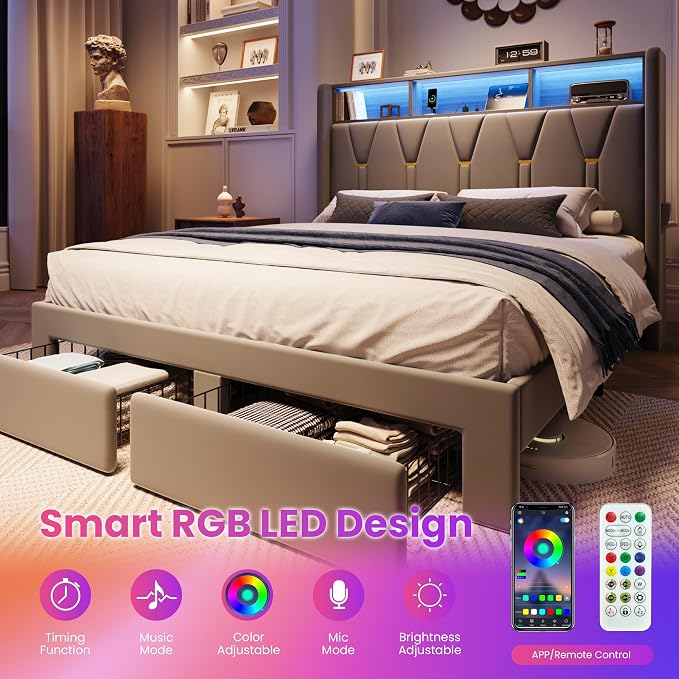 SHA CERLIN Full Velvet Platform Bed Frame with 2 Storage Drawers, LED Storage Headboard with Charging Station, Upholstered Wingback Headboard, Noise-Free, No Box Spring Needed, Easy Assembly, Grey