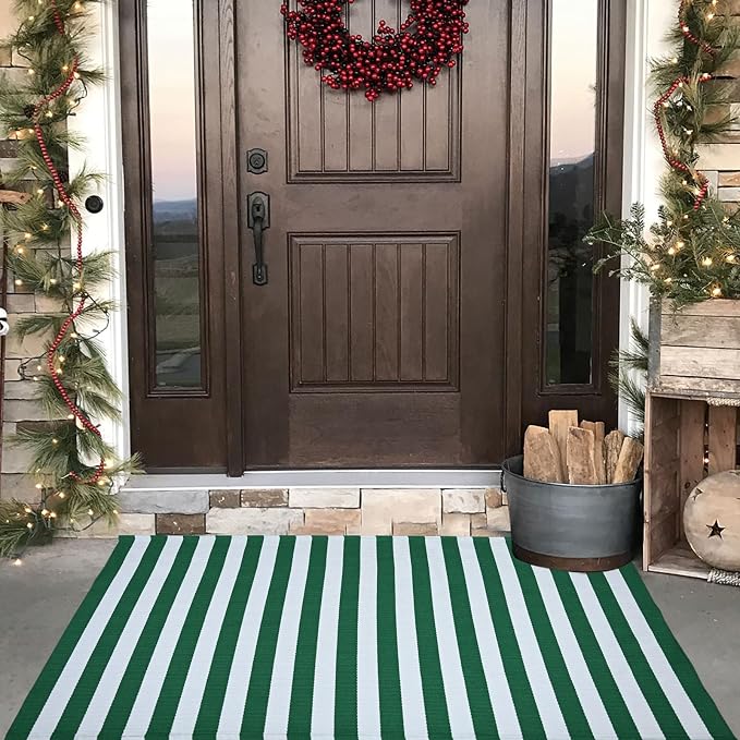 Green & White Striped Rug, 3' x 5' Indoor/Outdoor Area Rug for Front Porch, Entryway, Machine Washable Cotton Woven Welcome Door Mat