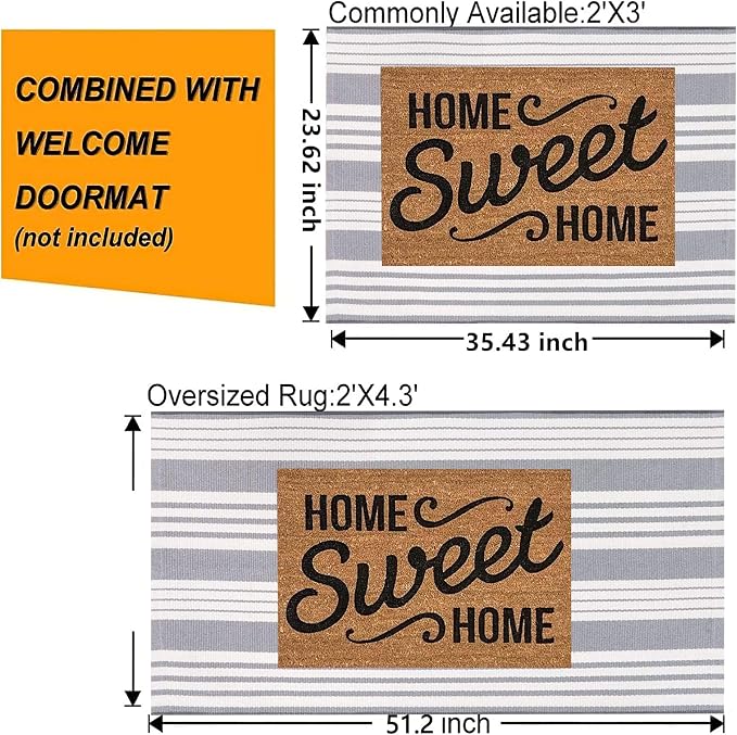Grey and White Striped Rug 24'' x 51''Outdoor Front Porch Rug Hand-Woven Machine Washable Layered Door Mats for Entryway/Bedroom/Outdoor
