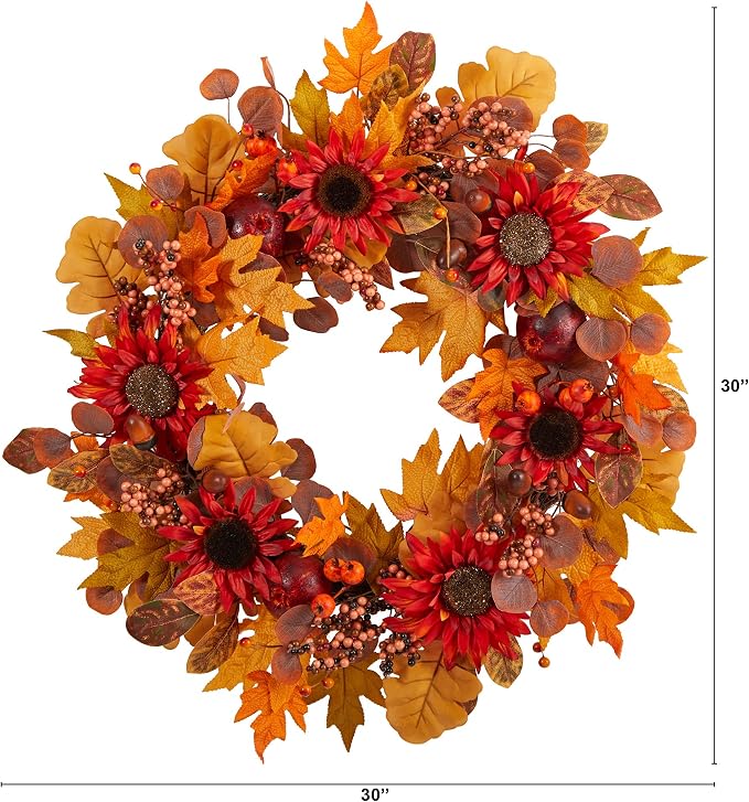 Nearly Natural 30 in Artificial Fall Sunflower Wreath for Front Door Decor | Harvest Acorn and Berries, Autumn Foliage Accents, Perfect for a Bare Wall or Door, Festive Fall Feel