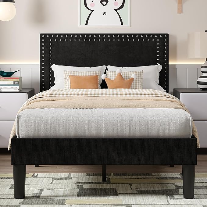 VECELO Twin Size Platform Bed Frame with Height Adjustable Upholstered Headboard, Modern Mattress Foundation,Strong Wood Slat Support, No Box Spring Needed, Easy Assembly,Black