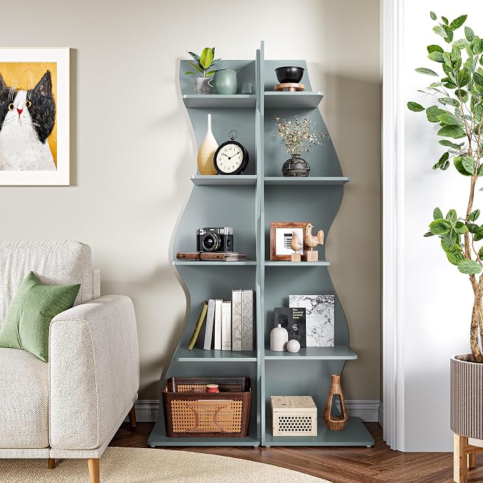 LITTLE TREE Small Corner Shelf, Modern 5-Tier Wall Corner Bookshelf, Stylish Bookcase Storage Rack for Small Space, Living Room, Bedroom, Blue, 2 Pack