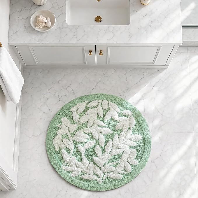 Madison Park Serene Tufted Bath Rug Cotton Absorbent, Round, Sage Green | Quick Dry, Soft Pile, Machine Washable, Floral Pattern, Plush, OEKO-TEX Certified