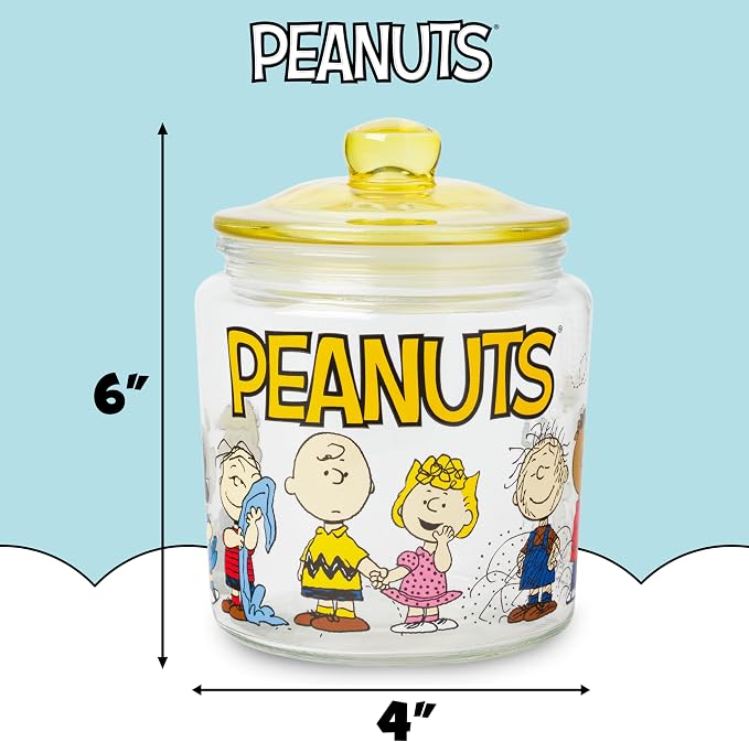 Silver Buffalo Peanuts Squad Featuring Snoopy, Glass Jar with Lid | Cookie Snack Candy Jar, Featuring Charlie Brown, Schroeder, Lucy, Linus, Sally, Pigpen, Woodstock, and Franklin, Small Size