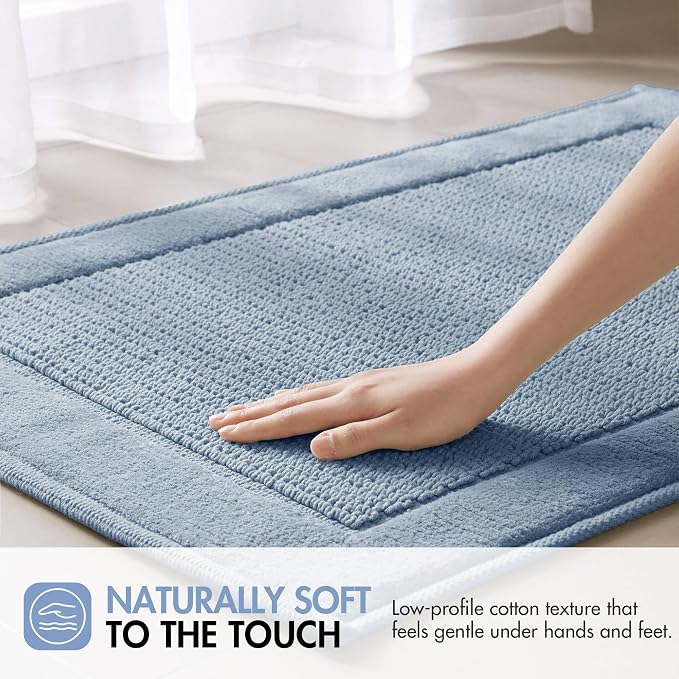 Madison Park Sanctuary 100% Cotton Non-Slip Bath Rug, 24x36 Inch, Blue | Low-Profile Woven Design, Ultra Soft Absorbent & Machine Washable, Ideal for Bathroom Bedroom and Entryway Decor