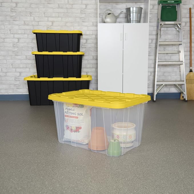 Sterilite Industrial Storage Box with Lids for Garage, 27 Gallon, 4-Pack | Heavy-Duty and Stackable Utility Box Containers for Home, Office, and Basement Organization, Yellow