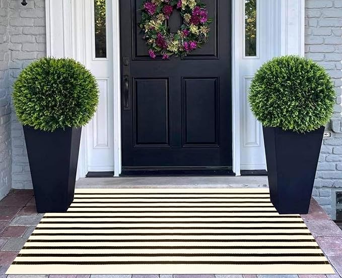 Washable Proch Rug 2.3'X3.6',Beige and Black Entryway Rug Cotton Woven Bathroom Rugs Front Porch Decor for Bedroom/Home Entrance/Front Porch