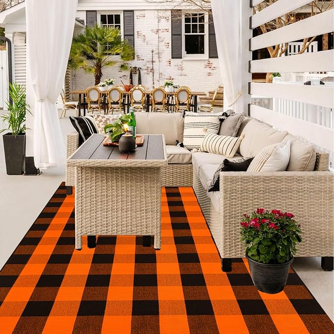 Buffalo Plaid Outdoor Rugs, 4' x 6' Orange and Black Checkered Indoor/Outdoor Area Rug, Layering Rug for Hello/Welcome Door Mat, Washable Cotton Woven Farmhouse Mat for Fall Front Porch Décor