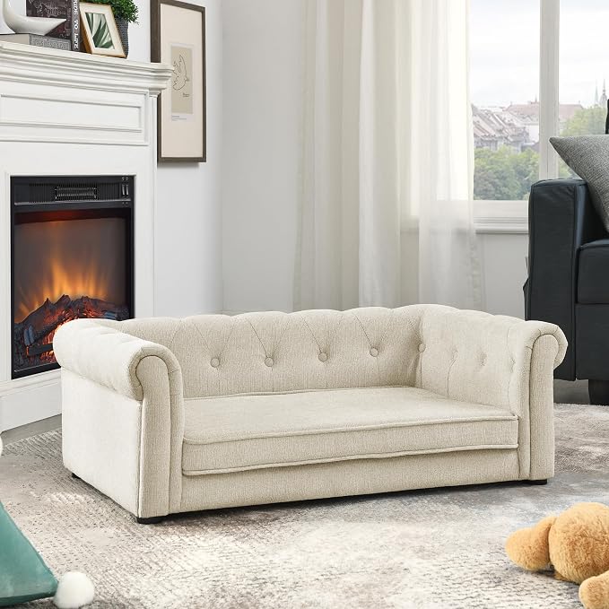 Dog Sofa Couch for Small to Medium Dogs, Memory Foam Dog Couch with Washable Fabric, Removable Cushion, Sofa Bed for Medium Dogs, Beige