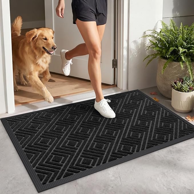DEXI Front Door Mat Outside Entrance, 2x3 Heavy Duty Entry Doormat Dirt Trapper with Rubber Back, Non Slip Low Profile Floor Mats for Entryway Exterior Patio, Checkered Black