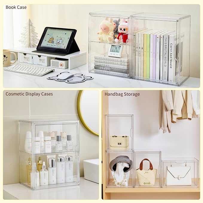 LXLXXL 2 Tier Stackable Shelf Acrylic Display Case with Magnetic Lid 4-Pack | Clear Acrylic Box with Magnetic Door and Removable Shelf, for Makeup, Figures, Purse Storage, Dustproof Display Organizer