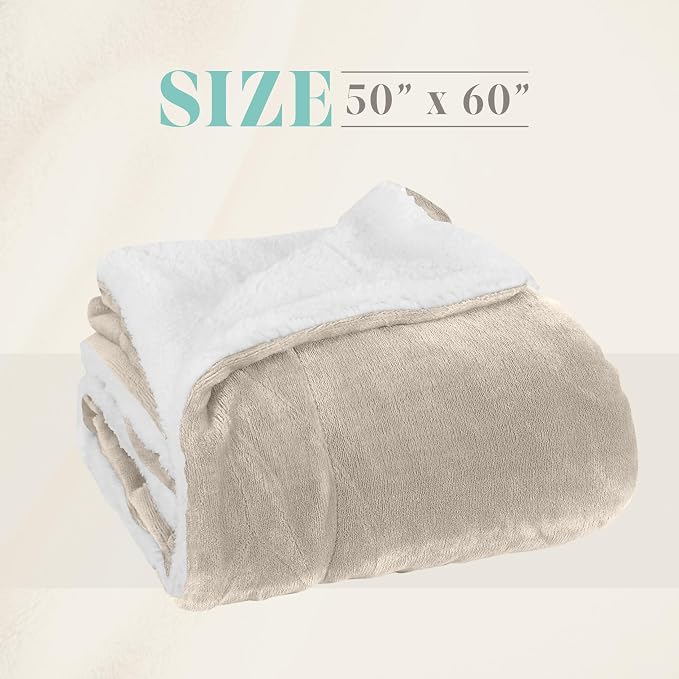 Elegant Comfort Throw Blanket, Reversible Sherpa Flannel, Ultra-Soft, Fuzzy, Cozy and Plush- All Season Lightweight Decorative Throw, 50 x 60 inches, Solid Sherpa Throw, Cream
