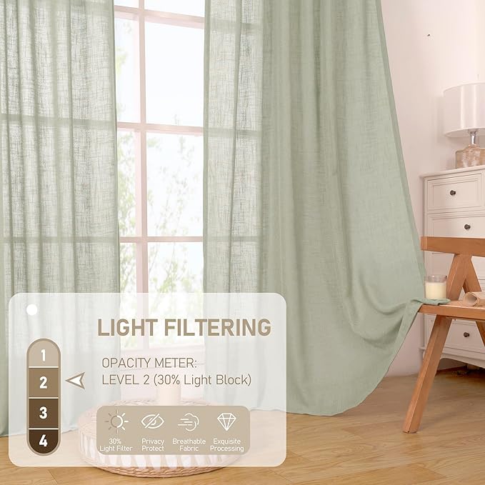 LAMIT Sage Grey Sheer Linen Curtains, 108 inch Light Filtering Semi Sheer Panels Back Tab and Rod Pocket Farmhouse Rust Drapes for Bedroom/Living Room, 2 Panels, 52 x 108 Inch