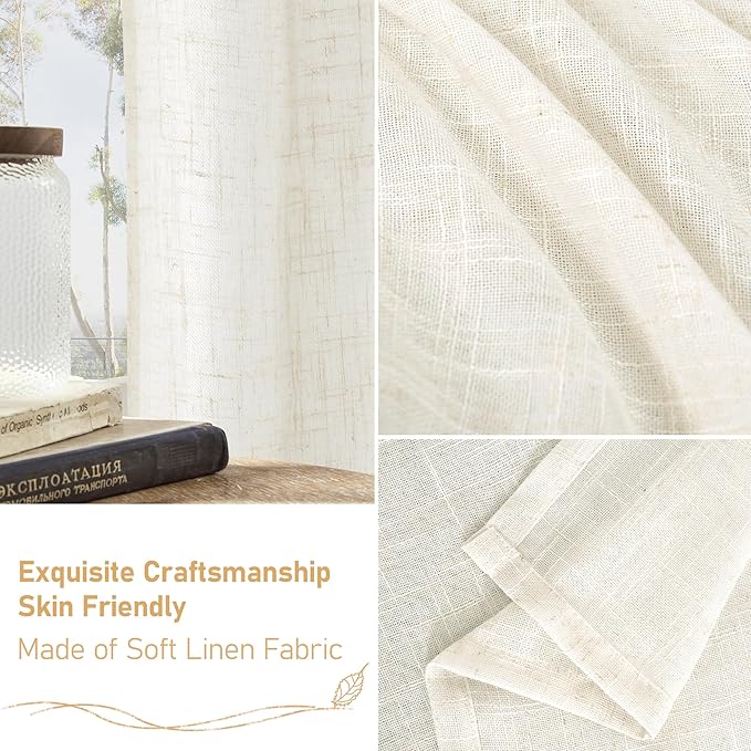 LAMIT Semi Sheer Cream Linen Curtains 36 Inch Length 2 Panels, Light Filtering Panels Back Tab and Rod Pocket Neutral Drapes for Bathroom/Kitchen/Loft Room, 25 x 36 Inch
