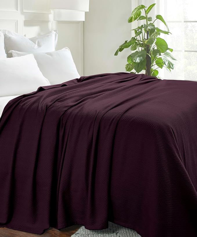 Superior Metro All-Season Cotton Blanket, Woven Blanket for Couch, Bed, Bedding, Farmhouse, Home Essentials, Cute and Cozy Bohemian Blankets, Herringbone Weave, King, Plum