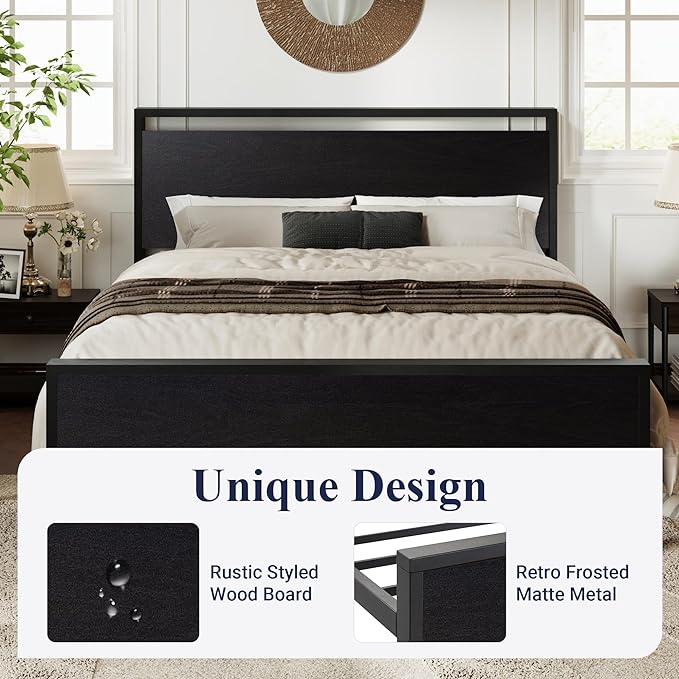 Allewie Queen Size Bed Frame, Heavy Duty 12 Metal Slats Support, Black Oak | Wooden Headboard and Footboard, Modern Platform Bed, No Box Spring Needed, Under-Bed Storage, Noise Free, Easy Assembly