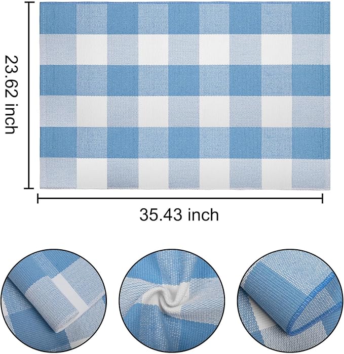 Light Blue and White Outdoor Rug 24''x35'' Buffalo Plaid Porch Mat Cotton Woven Washable Carpet for Layered Doormat Hello/Welcome Door Mat,Kitchen,Farmhouse,Entryway