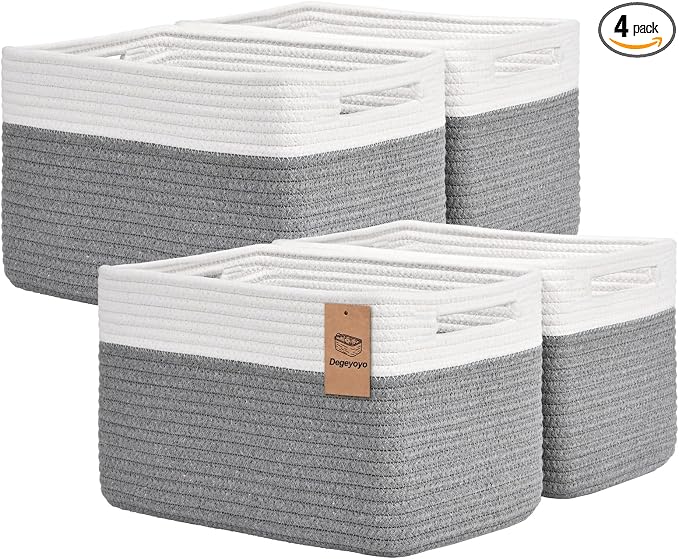 Storage Baskets for Organizing, 4 Pack Baskets for Shelves, Decorative Storage Bins for Shelves, Cotton Rope Storage Basket with Handles, Woven Basket for Storage, 13''Lx8.7''Wx7.9''H, White & Gray