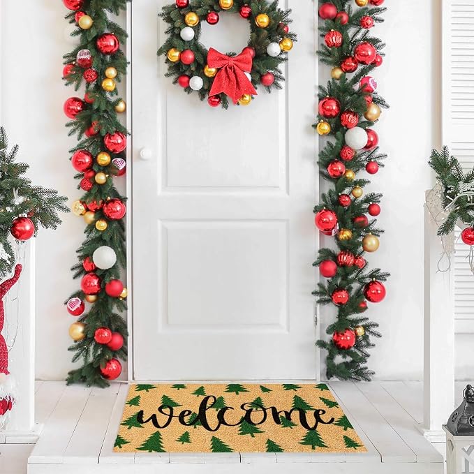 JarThenaAMCS Christmas Tree Door Mat 16.5 x 29 Inch Christmas Coir Doormat Green Xmas Tree Welcome Floor Mat Non-Slip Entrance Door Rugs for Indoor Outdoor Bathroom Decor
