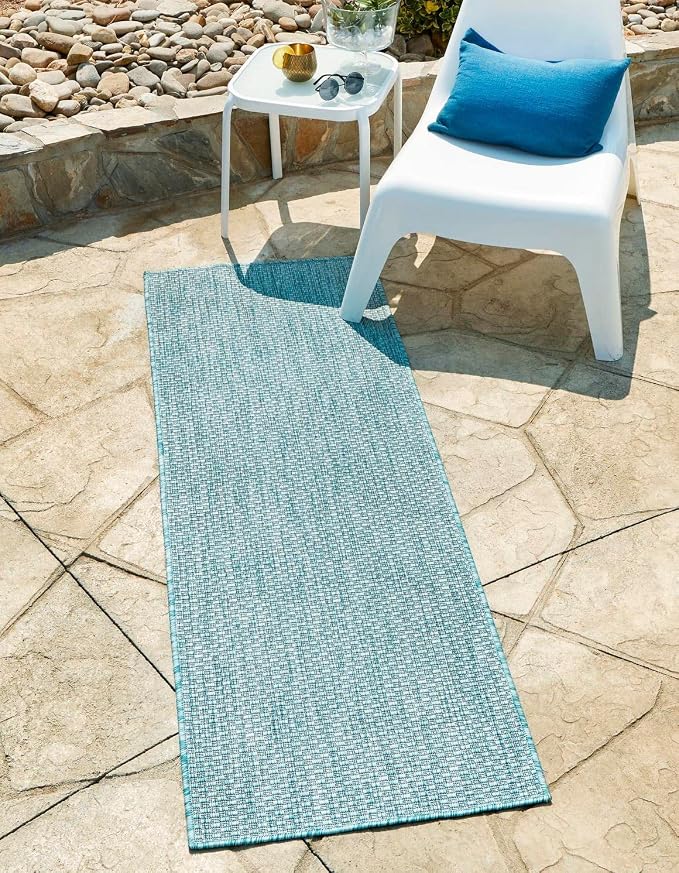 Unique Loom Collection Casual Transitional Solid Heathered Indoor/Outdoor Flatweave Area Rug (2' 7" x 10' Runner, Aquamarine/Ivory)