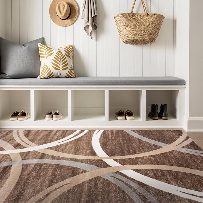 Rugshop Wavy Circles Modern Jute Backing Living Room Area Rug Brown 4' x 6' | Rectangular, Size 4' x 6', Bedroom, Dining Room, Home Office, Kitchen, Entryway, Hallway, Nursery, Kids Room, Guest Room