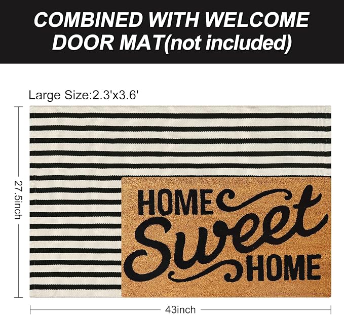 LEEVAN 2.3'X3.6' Black and White Striped Woven Reversible Outdoor Rug | Small Machine Washable Front Porch Rug, Cotton Entryway Door Mat, Indoor Layering Carpet for Farmhouse Bathroom Laundry