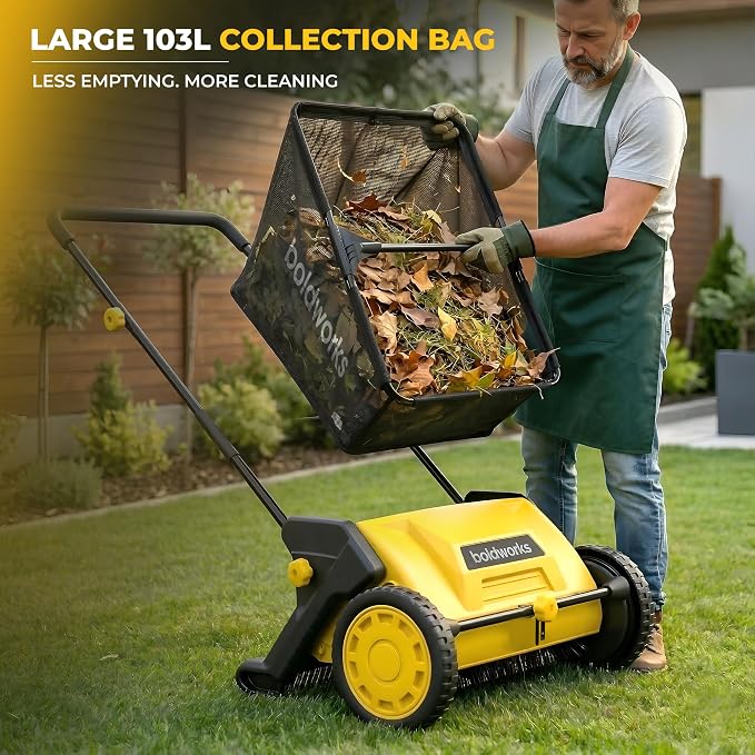 Push Lawn Sweeper Yard Leaf Collector 21" Leaves Picker for Grass Cleanup | Large 103L Hopper Bag Adjustable Sweeping Height Easy Storage Design Picksup Leaves Grass Clippings and Small Twigs