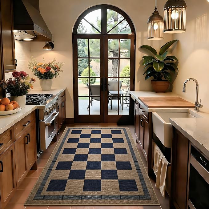3x5 Outdoor Rug, Jute Checkered Rugs, Patio, Entryway, Balcony, Indoor Rug | Porch Plaid Carpets, Washable Bedroom Kitchen Carpet, Non Slip Farmhouse Neutral Laundry Office Floor Mat, Navy and Brown