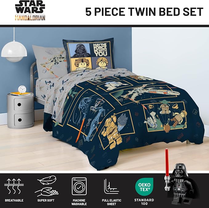 LEGO® Star Wars Twin Comforter Set 5 Piece Soft Kids Bedding, Blue | Darth Vader R2D2, Comforter Sheets Sham Pillowcase, Official Product, Soft Microfiber, Machine Washable, Easy Care, Kids Gift