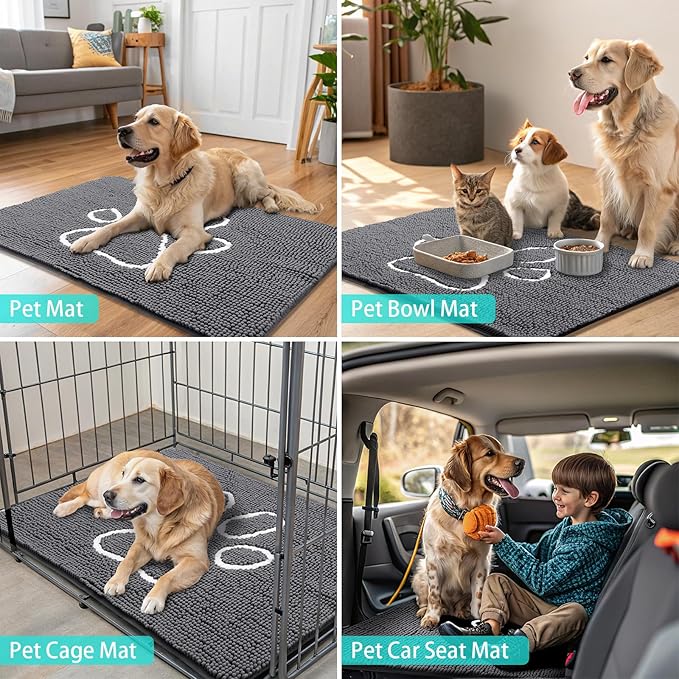 Smiry Dog Door Mat for Muddy Paws, Absorbent Dirt Trapper Non Slip Quick Dry Washable Chenille Mat for Mud Dogs, Entry Rug for Indoor and Outdoor (59x35 Inches, Dark Grey and White)