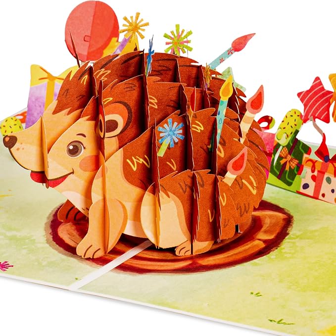 Paper Love Birthday Pop Up Cards 2 Pack - Includes 1 Dogs Birthday Cake and 1 Birthday Hedgehog, For Adults or Kids -8" x 6" Cover - Includes Envelope and Note Tag