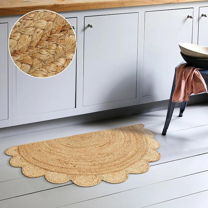 Boho Braided 1.5x3 Area Rug - Jute Natural Fiber Semi Circle Scalloped Rug for Living Room Entryway, Farmhouse, Home, Indoor Rugs Jute Door mat for Bathroom 18 x 36 inch (Natural, 1.5 X 3 ft)