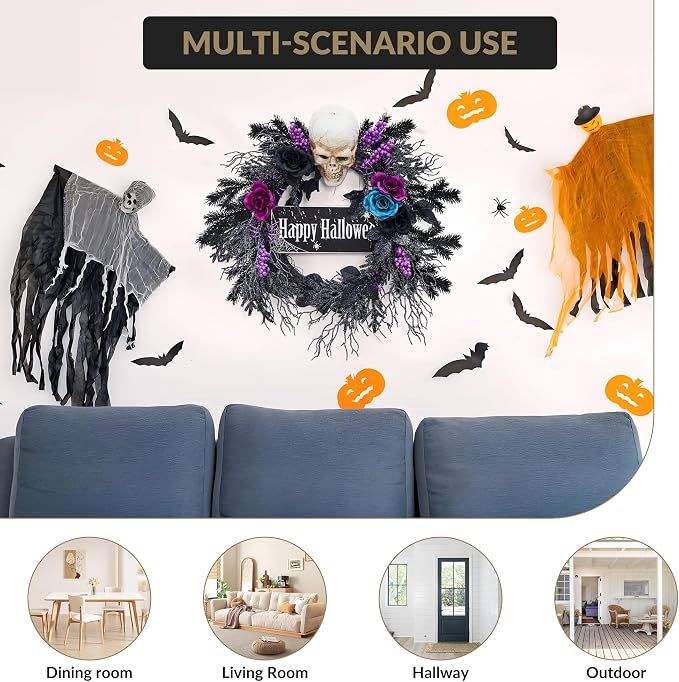 GarveeHome 22 in Halloween Wreath, with Black, Blue and Purple Flowers, Artificial Halloween Spooky Wreath with 20 Led Lights for Front Door, Porch, and Entryway