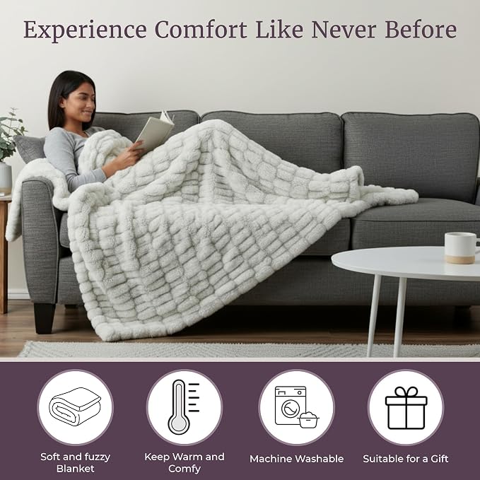Lavish Home Oversized Ruched Faux Fur Blanket - 60x80-Inch Jacquard Faux Fur Queen-Size Throw for Sofas and Beds - Luxurious Bedding (Gray) | Machine Washable Jacquard Faux Fur Queen Size Throw for Sofas and Beds, Luxurious Bedding