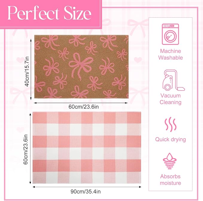 2 Pcs Outdoor Door Mat Combo Set Layered Outdoor Rug and Coir Welcome Doormat Non Slip Outside Floor Mat for Front Porch Entryway Patio Yard Decor(Pink Bow,24'' X 35'',24'' X 16'')