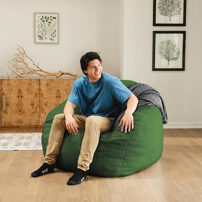 Big Joe Cloudberry Bean Bag Chair, Foam-Filled Structured Seat, Teddy Boucle, Matcha Green, Adults