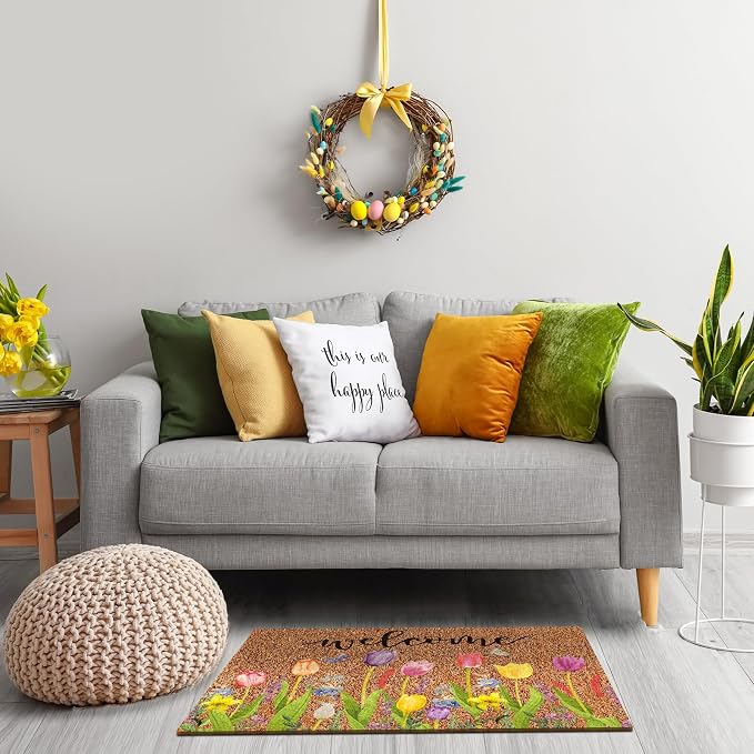Ceenna Spring Welcome Doormat Outdoor Spring Coir Door Mat Flowers Butterfly Front Door Mat Indoor Non Slip Floral Front Porch Rugs for Home Entrance Decoration, 16 x 28 Inch