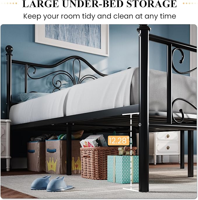 SHA CERLIN Twin Size Metal Bed Frame with Butterfly Headboard, Black | Metal Platform Bed for Kids, Wrought Iron-Art Headboard/Footboard, Under-Bed Storage, No Box Spring Needed, Easy Assembly